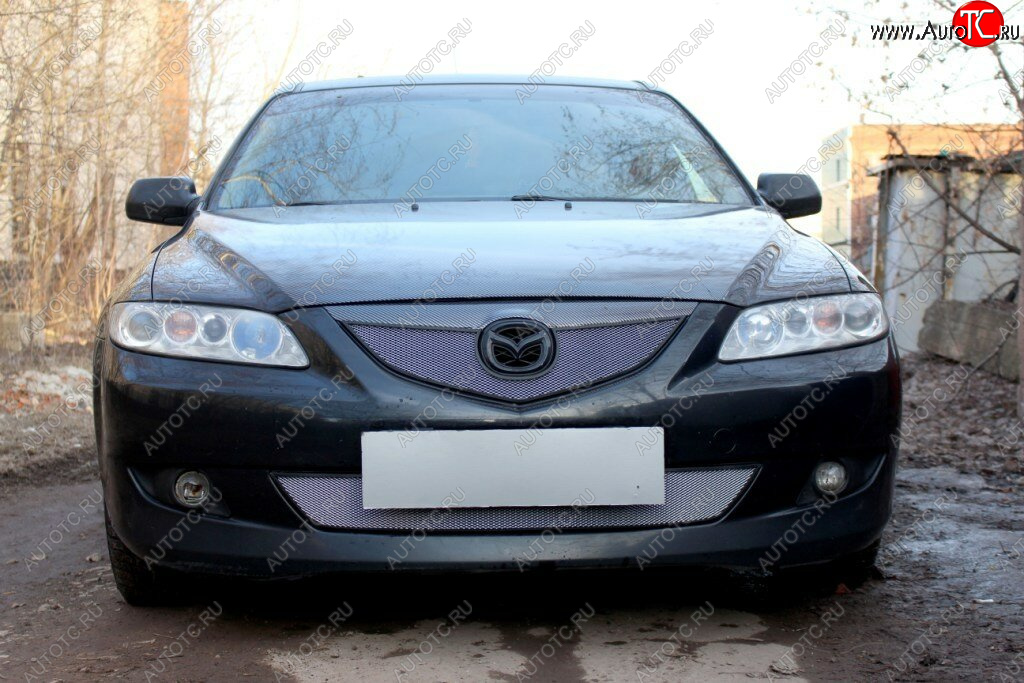 3 079 р. Защитная сетка в бампер (низ, ячейка 3х7 мм) Alfeco Стандарт Mazda 6 GG лифтбэк дорестайлинг (2002-2005) (Хром)  с доставкой в г. Пермь
