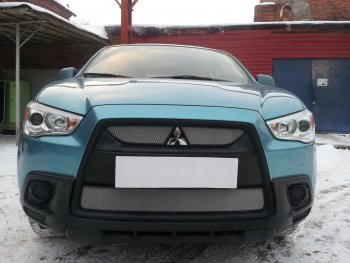Защитная сетка в бампер (верх, 2 части, ячейка 3х7 мм) Alfeco Стандарт Mitsubishi ASX дорестайлинг (2010-2012) (Хром)