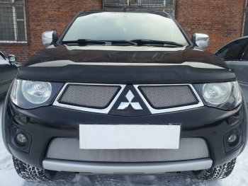 Защитная сетка в бампер (низ, ячейка 3х7 мм) Alfeco Стандарт Mitsubishi Pajero Sport PB дорестайлинг (2008-2013) (Хром)