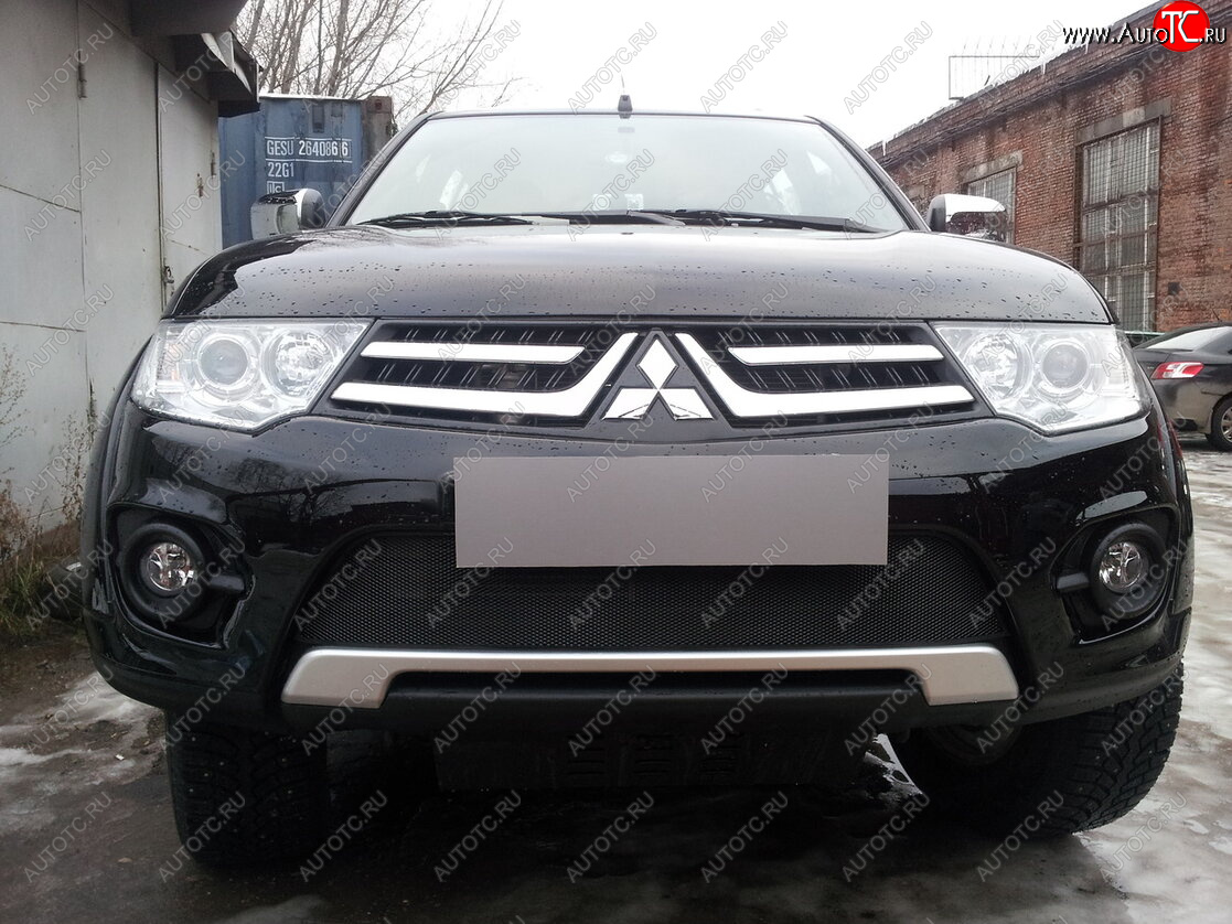 3 089 р. Защитная сетка в бампер (низ, ячейка 3х7 мм) Alfeco Стандарт Mitsubishi L200 4  рестайлинг (2013-2016) (Чёрная)  с доставкой в г. Пермь