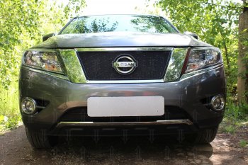Защитная сетка в бампер (верх, ячейка 3х7 мм) Стрелка11 Стандарт Nissan Pathfinder R52 дорестайлинг (2012-2017) (Чёрная)