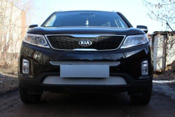 Защитная сетка в бампер (середина, ячейка 4х10 мм) Alfeco Премиум KIA Sorento  XM (2012-2015) рестайлинг (Хром)
