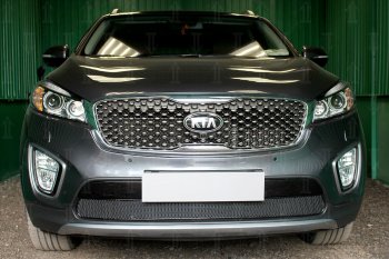 Защитная сетка в бампер (низ, ячейка 4х10 мм) Alfeco Премиум KIA Sorento UM/Prime дорестайлинг (2014-2018) (Чёрная)