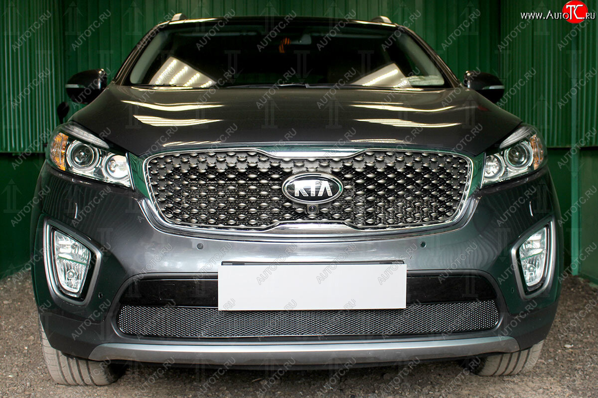 4 299 р. Защитная сетка в бампер (низ, ячейка 4х10 мм) Alfeco Премиум KIA Sorento UM/Prime дорестайлинг (2014-2018) (Чёрная)  с доставкой в г. Пермь