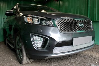 4 549 р. Защитная сетка в бампер (низ, ячейка 4х10 мм) Alfeco Премиум KIA Sorento UM/Prime дорестайлинг (2014-2018) (Хром)  с доставкой в г. Пермь. Увеличить фотографию 2