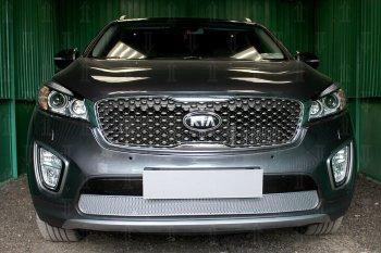 Защитная сетка в бампер (низ, ячейка 4х10 мм) Alfeco Премиум KIA Sorento UM/Prime дорестайлинг (2014-2018) (Хром)