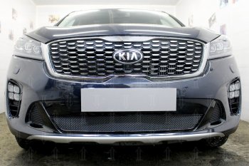 Защитная сетка в бампер (низ, ячейка 4х10 мм) Alfeco Премиум KIA Sorento  UM/Prime (2018-2020) рестайлинг (Чёрная)