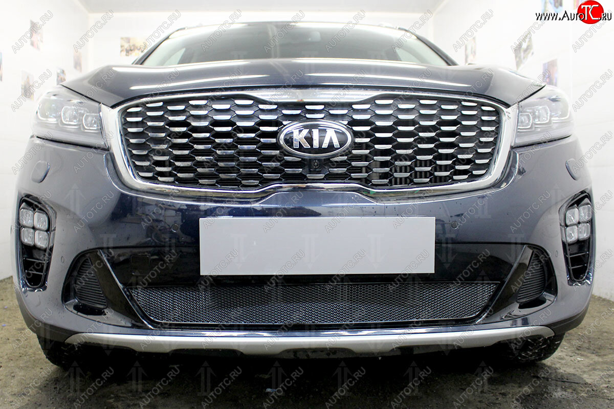 4 299 р. Защитная сетка в бампер (низ, ячейка 4х10 мм) Alfeco Премиум  KIA Sorento  UM/Prime (2018-2020) рестайлинг (Чёрная)  с доставкой в г. Пермь