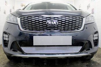 Защитная сетка в бампер (низ, ячейка 4х10 мм) Alfeco Премиум KIA Sorento  UM/Prime (2018-2020) рестайлинг (Хром)