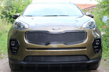 Защитная сетка в бампер (верх, ячейка 4х10 мм) Alfeco Премиум KIA Sportage  4 QL (2016-2018) дорестайлинг (Чёрная)
