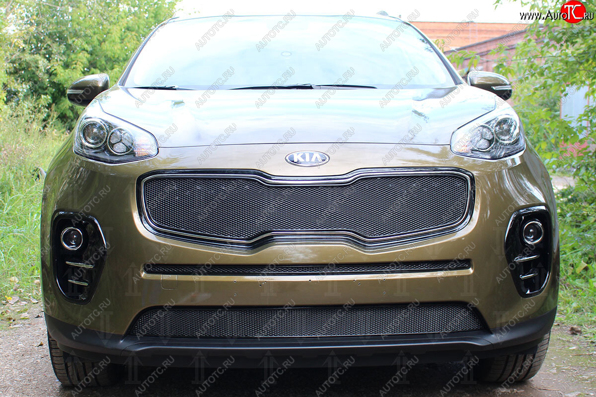 5 549 р. Защитная сетка в бампер (верх, ячейка 4х10 мм) Alfeco Премиум  KIA Sportage  4 QL (2016-2018) дорестайлинг (Чёрная)  с доставкой в г. Пермь