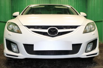 Защитная сетка в бампер (низ, компл.Sport, ячейка 4х10 мм) Alfeco Премиум Mazda 6 GH дорестайлинг седан (2007-2010) (Чёрная)