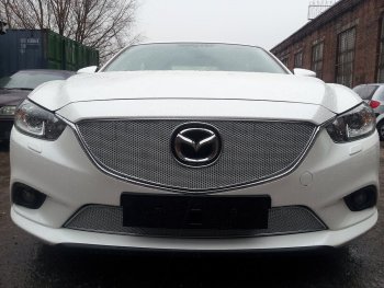 Защитная сетка в бампер (низ, ячейка 4х10 мм) Alfeco Премиум Mazda 6 GJ дорестайлинг седан (2012-2015) (Хром)