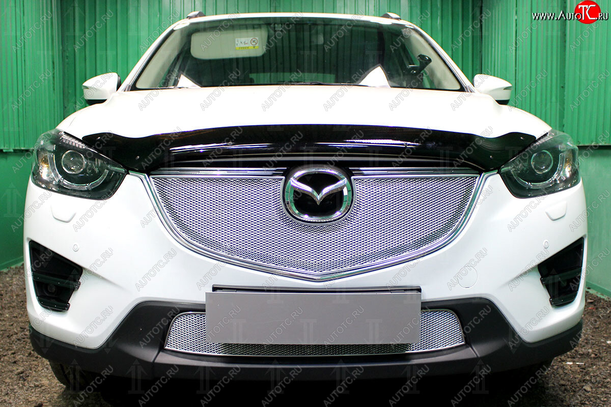 6 549 р. Защитная сетка в бампер (верх, ячейка 4х10 мм) Alfeco Премиум  Mazda CX-5  KE (2015-2017) рестайлинг (Хром)  с доставкой в г. Пермь