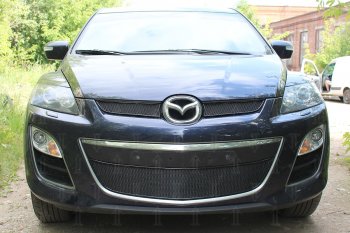 Защитная сетка в бампер (низ, ячейка 4х10 мм) Alfeco Премиум Mazda CX-7  ER (2010-2012) рестайлинг (Чёрная)