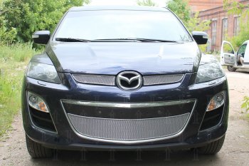 Защитная сетка в бампер (низ, ячейка 4х10 мм) Alfeco Премиум Mazda CX-7  ER (2010-2012) рестайлинг (Хром)