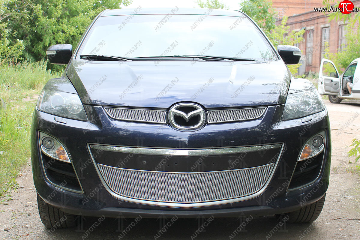 4 299 р. Защитная сетка в бампер (низ, ячейка 4х10 мм) Alfeco Премиум Mazda CX-7 ER рестайлинг (2010-2012) (Хром)  с доставкой в г. Пермь