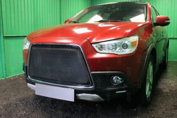 7 249 р. Защитная сетка в бампер (3D, ячейка 4х10 мм) Alfeco Премиум Mitsubishi ASX дорестайлинг (2010-2012) (Чёрная)  с доставкой в г. Пермь. Увеличить фотографию 2