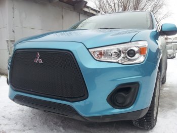 3 599 р. Защитная сетка в бампер (низ, ячейка 4х10 мм) Alfeco Премиум Mitsubishi ASX 1-ый рестайлинг (2013-2016) (Чёрная)  с доставкой в г. Пермь. Увеличить фотографию 2