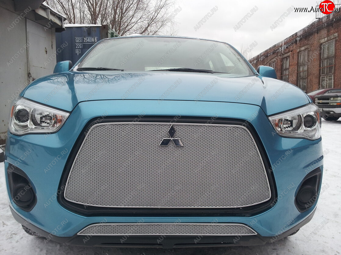 3 599 р. Защитная сетка в бампер (низ, ячейка 4х10 мм) Alfeco Премиум Mitsubishi ASX 1-ый рестайлинг (2013-2016) (Хром)  с доставкой в г. Пермь