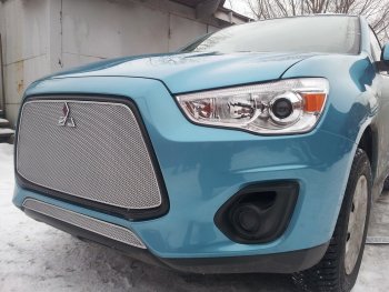 3 599 р. Защитная сетка в бампер (низ, ячейка 4х10 мм) Alfeco Премиум Mitsubishi ASX 1-ый рестайлинг (2013-2016) (Хром)  с доставкой в г. Пермь. Увеличить фотографию 2