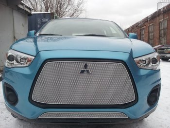 3 599 р. Защитная сетка в бампер (низ, ячейка 4х10 мм) Alfeco Премиум Mitsubishi ASX 1-ый рестайлинг (2013-2016) (Хром)  с доставкой в г. Пермь. Увеличить фотографию 3