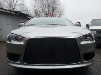 5 999 р. Защитная сетка в бампер (ячейка 3х7 мм) Alfeco Стандарт Mitsubishi Lancer 10 CY седан рестайлинг (2011-2017) (Чёрная)  с доставкой в г. Пермь. Увеличить фотографию 2