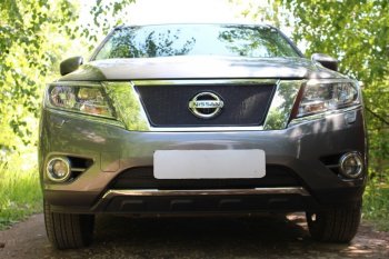 Защитная сетка в бампер (верх, ячейка 4х10 мм) Стрелка11 Премиум Nissan Pathfinder R52 дорестайлинг (2012-2017) (Чёрная)