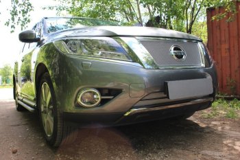 5 549 р. Защитная сетка в бампер (низ, 2 части, ячейка 4х10 мм) Стрелка11 Премиум Nissan Pathfinder R52 дорестайлинг (2012-2017) (Хром)  с доставкой в г. Пермь. Увеличить фотографию 2