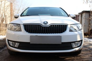 Защитная сетка в бампер (низ, 2 части, компл.Ambition,Elegance,Style, ячейка 4х10 мм) Стрелка11 Премиум Skoda Octavia A7 дорестайлинг универсал (2012-2017) (Чёрная)