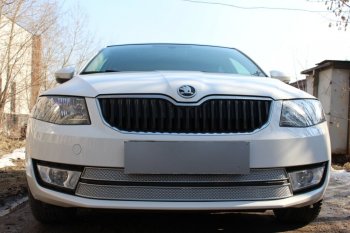 Защитная сетка в бампер (низ, 2 части, компл.Ambition,Elegance,Style, ячейка 4х10 мм) Стрелка11 Премиум Skoda Octavia A7 дорестайлинг универсал (2012-2017) (Хром)