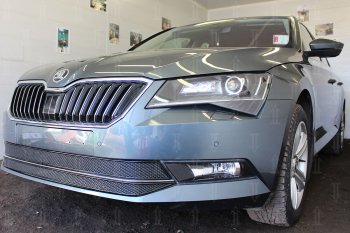 6 749 р. Защитная сетка в бампер (низ, 2 части, ячейка 4х10 мм) Стрелка11 Премиум Skoda Superb B8 (3V5) универсал дорестайлинг (2015-2019) (Чёрная)  с доставкой в г. Пермь. Увеличить фотографию 2