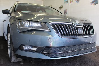 6 749 р. Защитная сетка в бампер (низ, 2 части, ячейка 4х10 мм) Стрелка11 Премиум Skoda Superb B8 (3V5) универсал дорестайлинг (2015-2019) (Чёрная)  с доставкой в г. Пермь. Увеличить фотографию 3