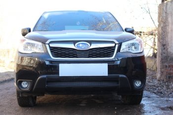 Защитная сетка в бампер (низ, ячейка 4х10 мм) Стрелка11 Премиум Subaru Forester  SJ (2012-2016) дорестайлинг (Чёрная)