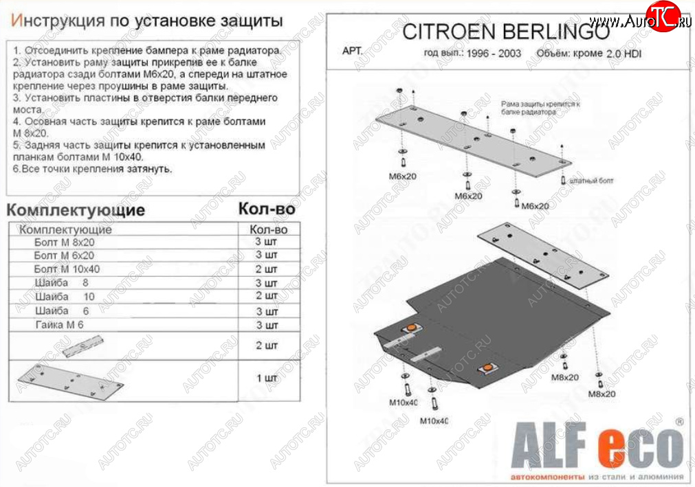 10 299 р. Защита картера двигателя и КПП (кроме 2,0 HDI) ALFECO  CITROEN Berlingo  M49 (1996-2003) дорестайлинг (Алюминий 4 мм)  с доставкой в г. Пермь