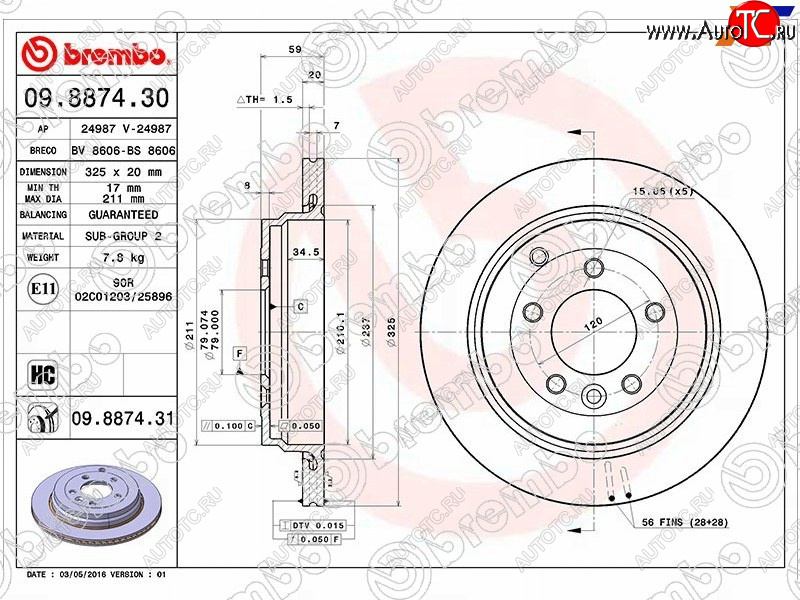 5 849 р. Задний тормозной диск (вентилируемый, d 325) BREMBO дизель  Land Rover Discovery  3 L319 - Range Rover Sport  1 L320  с доставкой в г. Пермь