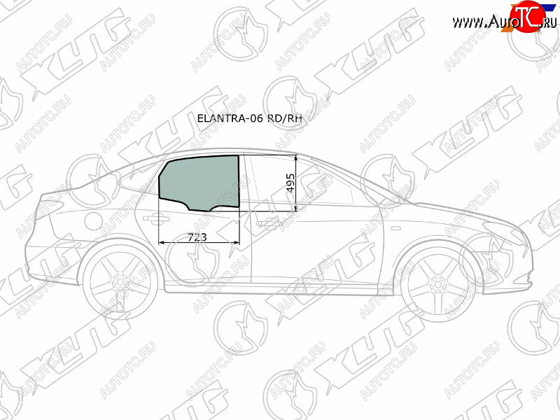2 349 р. Стекло боковое опускное (Сзади Справа Цвет зеленый) Hyundai Elantra 06-12  Avante 06-11           XYG ELANTRA-06 RD/RH  с доставкой в г. Пермь