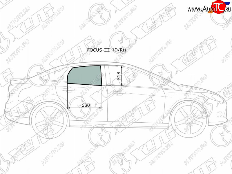 2 599 р. Стекло боковое опускное (Сзади Справа Цвет зеленый) Ford Focus 10-19                               XYG FOCUS-III RD/RH  с доставкой в г. Пермь