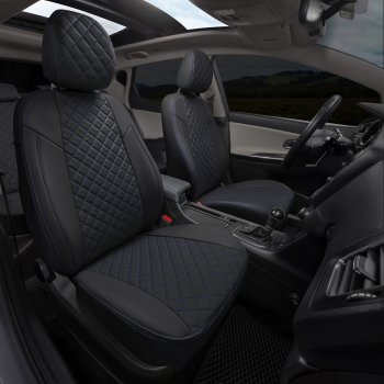 14 249 р. Чехлы сидений (экокожа) Автопилот Ромб Audi Q5 8R дорестайлинг (2008-2012) (черный/синяя строчка)  с доставкой в г. Пермь. Увеличить фотографию 7