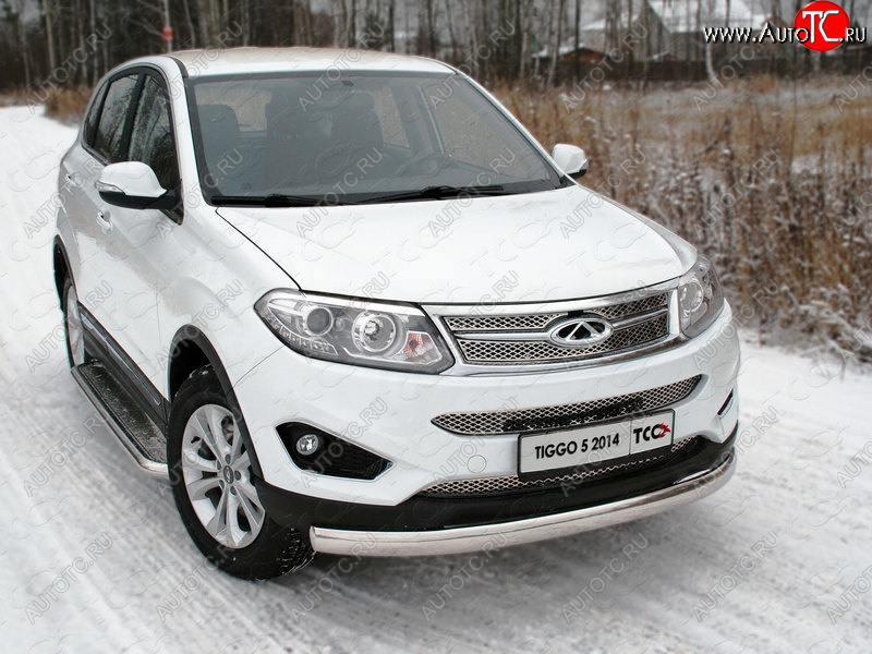 20 699 р. Защита переднего бампера нижняя овальная 75х42 мм ТСС Тюнинг  Chery Tiggo 5  (T21) (2014-2017) дорестайлинг (нержавейка)  с доставкой в г. Пермь