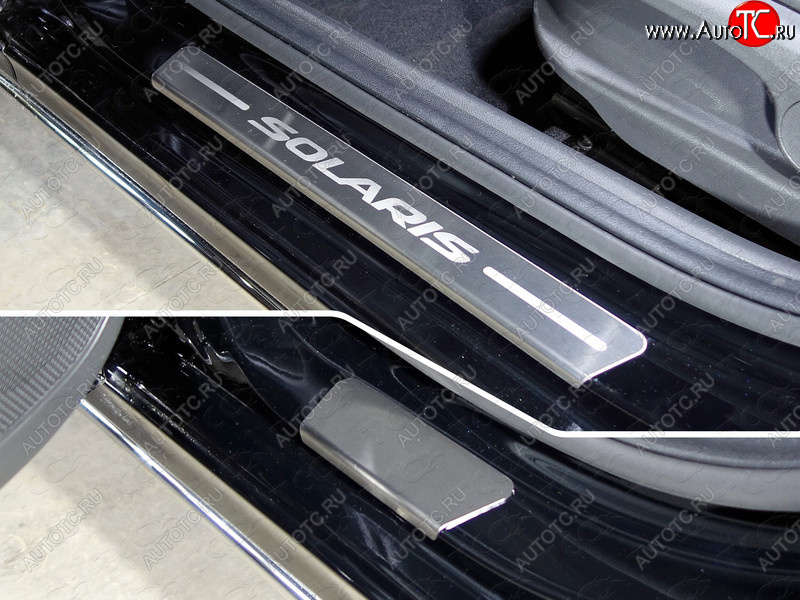 2 999 р. Накладки на пороги, ТСС Тюнинг  Hyundai Solaris  HCR (2017-2020) седан дорестайлинг (лист шлифованный надпись Solaris)  с доставкой в г. Пермь