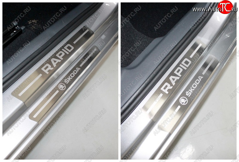 7 349 р. Накладки на пороги внутренние и внешние ТСС Тюнинг  Skoda Rapid  MK2 (2019-2025) (лист шлифованный надпись Skoda Rapid)  с доставкой в г. Пермь