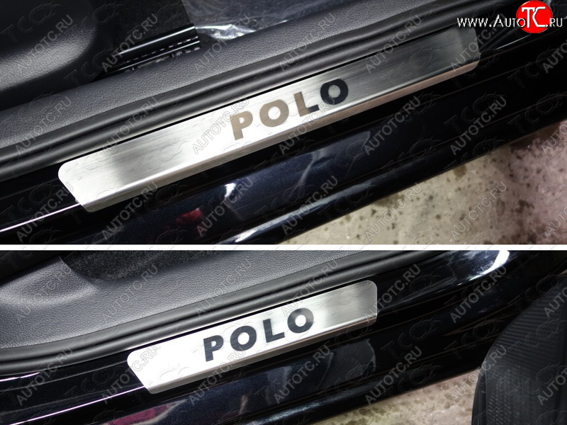 3 999 р.  Накладки на пороги, ТСС Тюнинг  Volkswagen Polo  5 (2015-2020) седан рестайлинг, хэтчбек рестайлинг (лист шлифованный надпись Polo)  с доставкой в г. Пермь