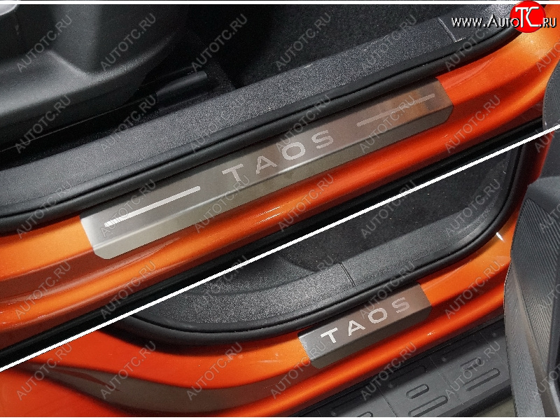 4 299 р. Накладки на пороги, ТСС Тюнинг  Volkswagen Taos (2020-2022) (лист шлифованный надпись Taos)  с доставкой в г. Пермь