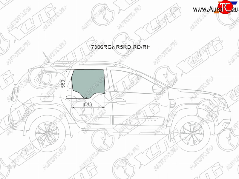 2 599 р. Стекло боковое опускное (Сзади Справа Цвет зеленый) Renault Duster 21-  Dacia Duster 17- XYG 7306RGNR5RD RD/RH  с доставкой в г. Пермь