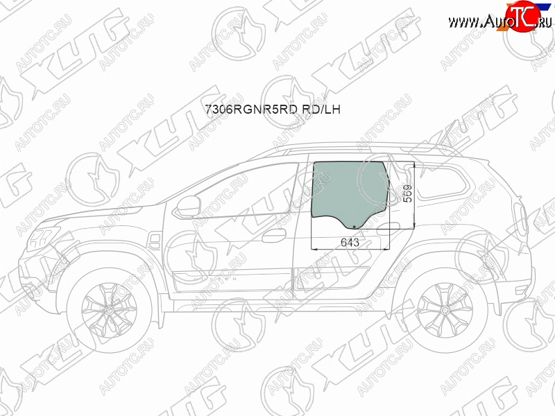 2 599 р. Стекло боковое опускное (Сзади Слева Цвет зеленый) Renault Duster 21-  Dacia Duster 17- XYG 7306LGNR5RD RD/LH  с доставкой в г. Пермь