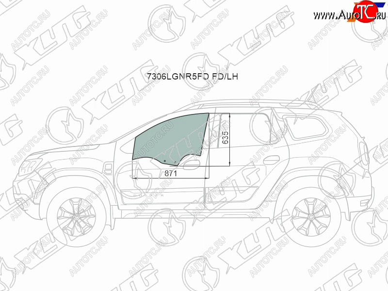 2 789 р. Стекло боковое опускное (Спереди Слева Цвет зеленый) Renault Duster 21-  Dacia Duster 17- XYG 7306LGNR5FD FD/LH  с доставкой в г. Пермь