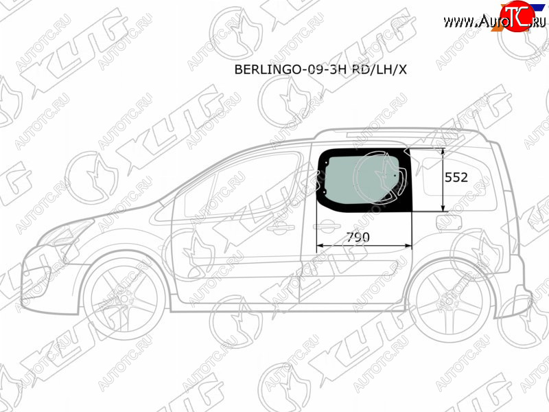 2 789 р. Стекло боковое опускное (Сзади Слева Цвет зеленый) Citroen Berlingo 08-22  Peugeot Partner 08-15 XYG BERLINGO-09-3H RD/LH/X  с доставкой в г. Пермь