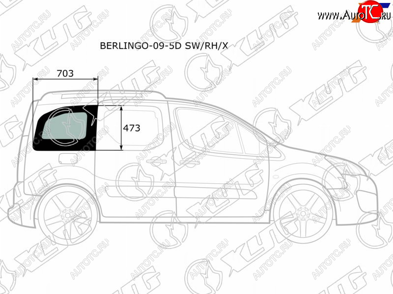 2 349 р. Стекло кузова боковое (не опускное) (Справа Цвет зеленый) Citroen Berlingo 08-22  Peugeot Partner XYG BERLINGO-09-5D SW/RH/X  с доставкой в г. Пермь