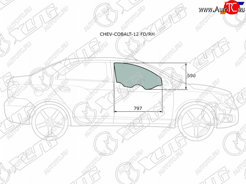 2 799 р. Стекло боковое опускное (Спереди Справа Цвет зеленый) Chevrolet Cobalt 13-  Ravon R4 16-20 XYG CHEV-COBALT-12 FD/RH  с доставкой в г. Пермь